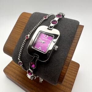 Versales Purple Dial Silver Tone Quartz Bracelet Watch w Purple Crystals